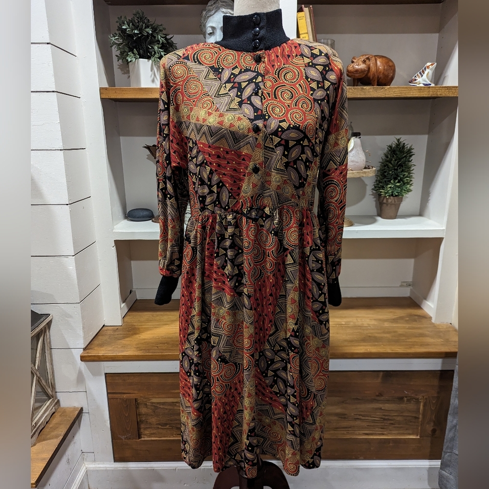 Vintage Caron Petite Mock Neck Patch Paisley Midi Dress Size 12